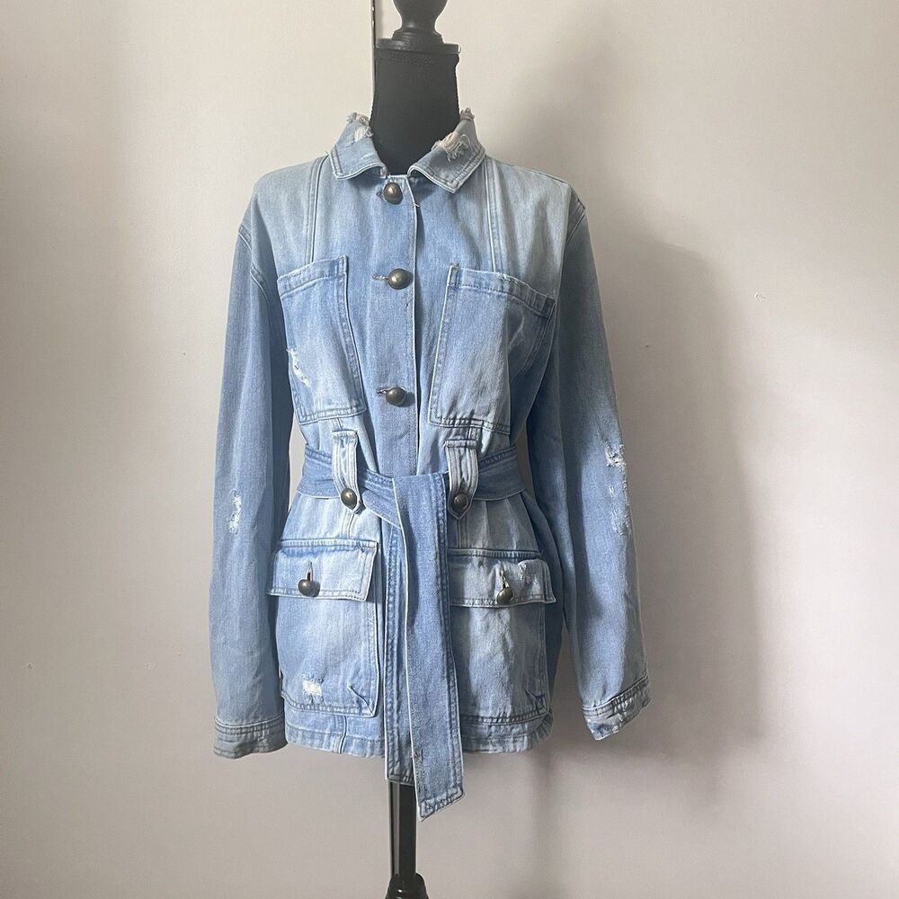 BBJ Los Angeles Womens Long Trucker Distress Frayed Denim Jean Jacket Sz.‎ Large